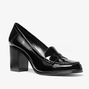 Michael Kors Buchanan Patent Loafer Heels Black Square Toe Block Heel Size 8.5